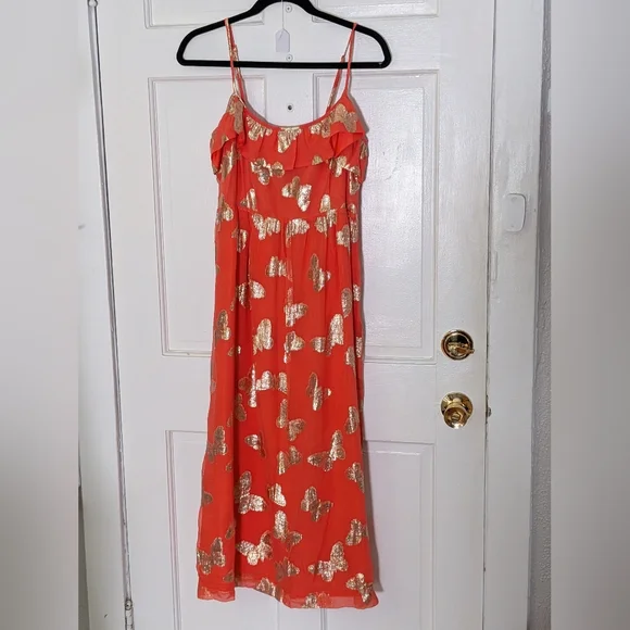 Juicy Couture Silk Blend Coral Gold Metallic Butterfly Maxi Dress - Picture 2 of 7